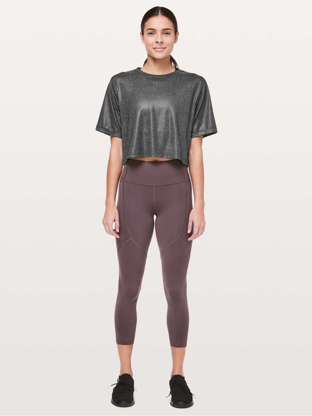 319. Lululemon To The Beat Tee Luminosity Foil grey black PTP 18” cropped 10